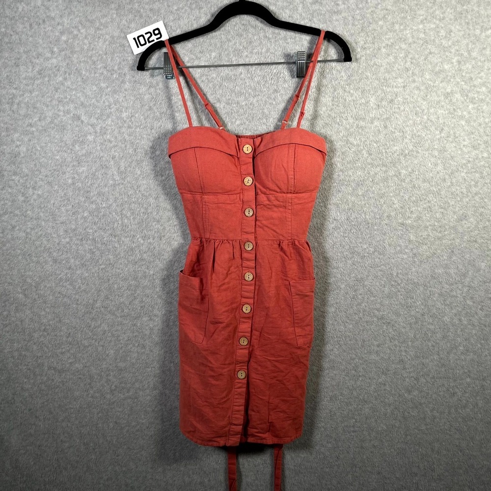 Mind Code Mini Sun Dress Womens Large Rust Orange Boho Smocked Back Button Front